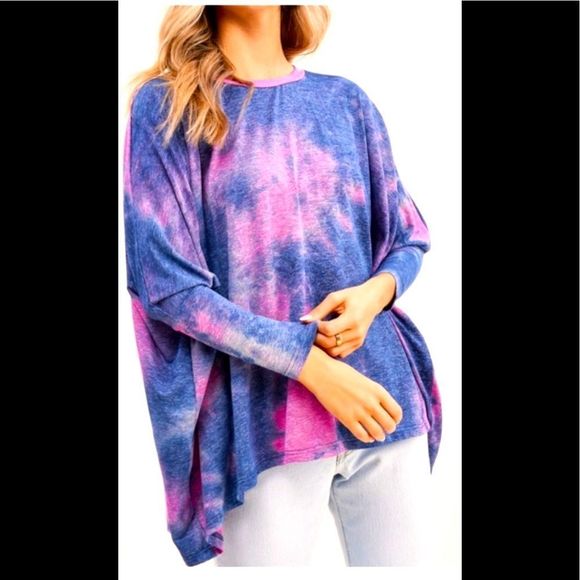 Tie Dye Pink and Navy Boxy Long Sleeve Shirt - Picture 2 of 2